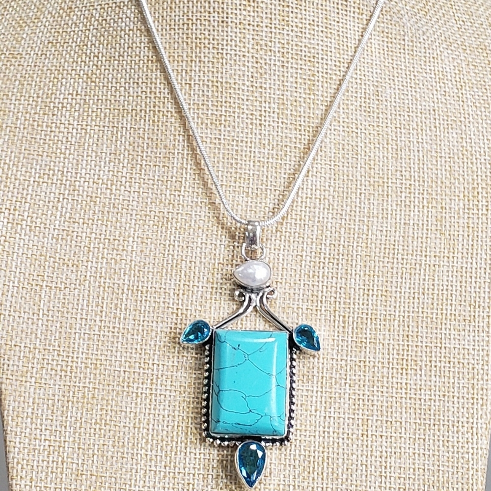 Turquoise necklace, 925 silver turquoise blue topaz pendant necklace - Picture 6 of 14